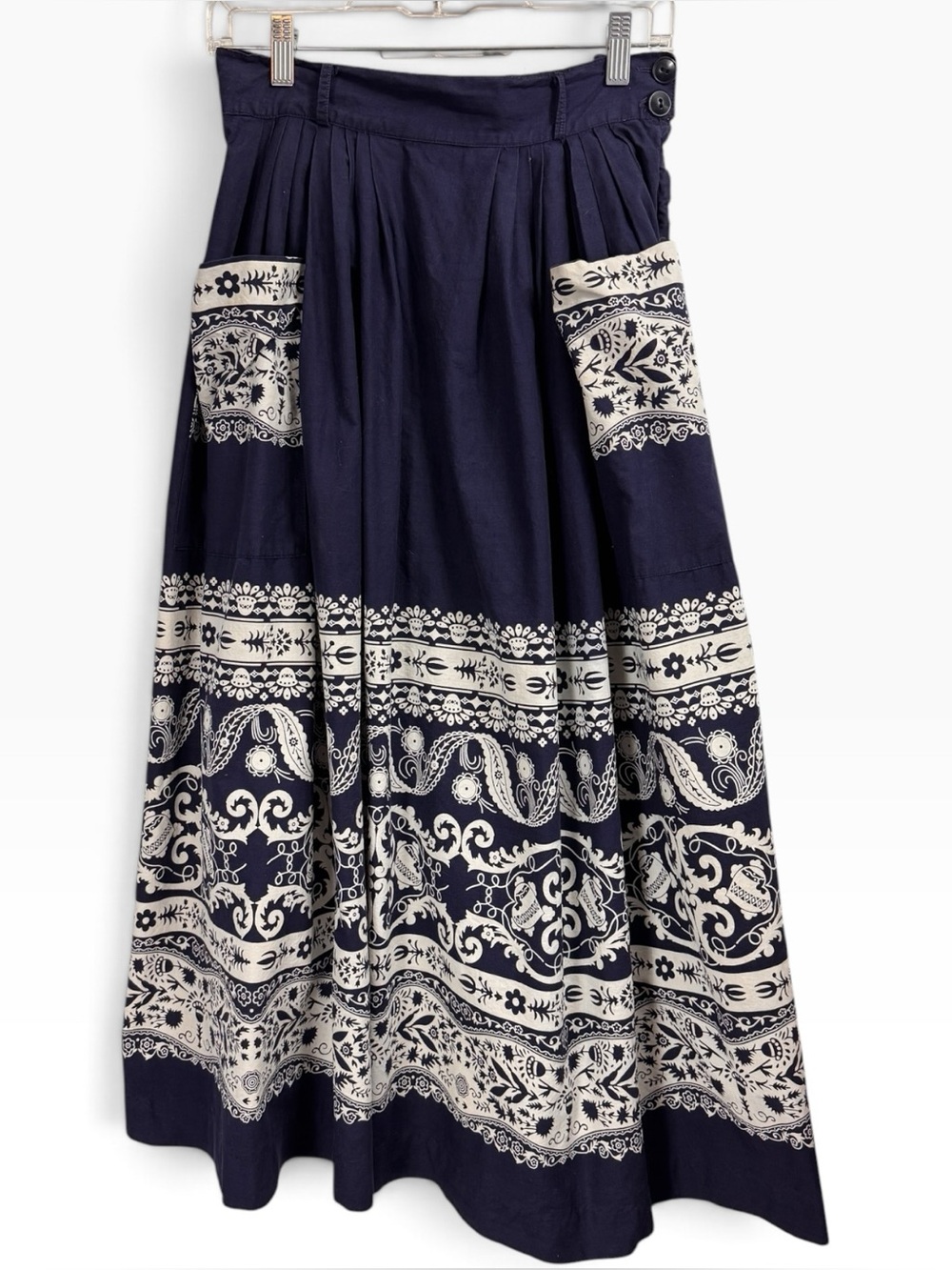 Vintage 60s 70s Navy Blue Pockets White Floral Print Pleated Patio Skirt W-27"
